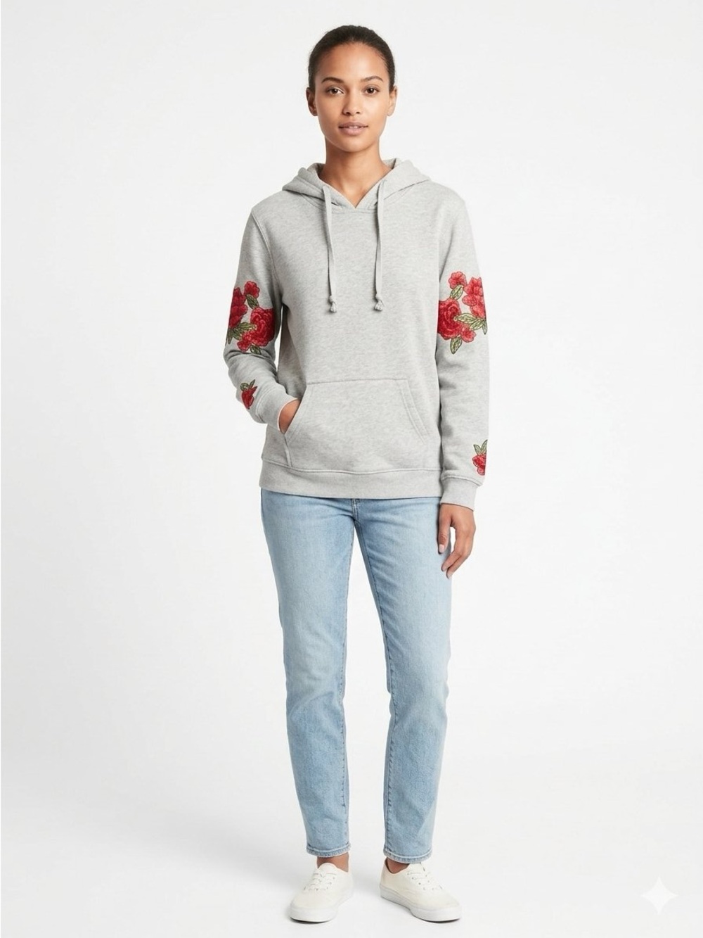 Light Gray Hoodie with Red Floral Sleeve Embroidery - Women's Pullover